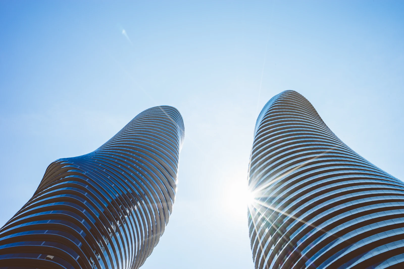The twin curved towers of Absolute World (the 'Marilyn Monroe Towers'), Mississauga, Ontario