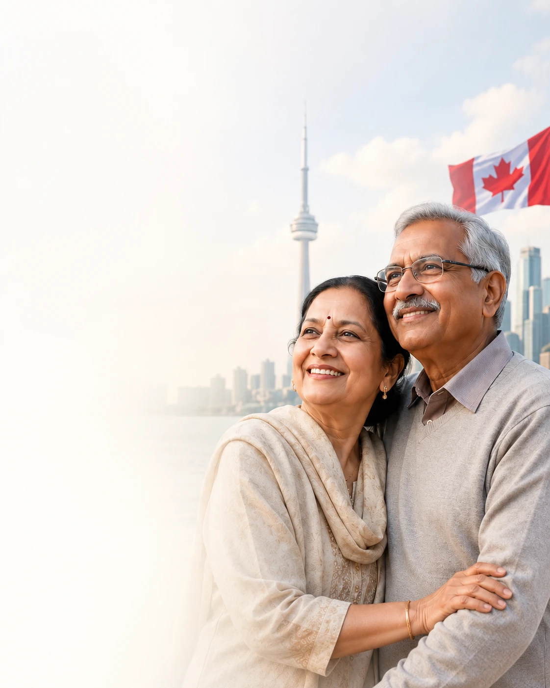 Parents visiting family in Canada, Toronto skyline and Canadian flag behind them