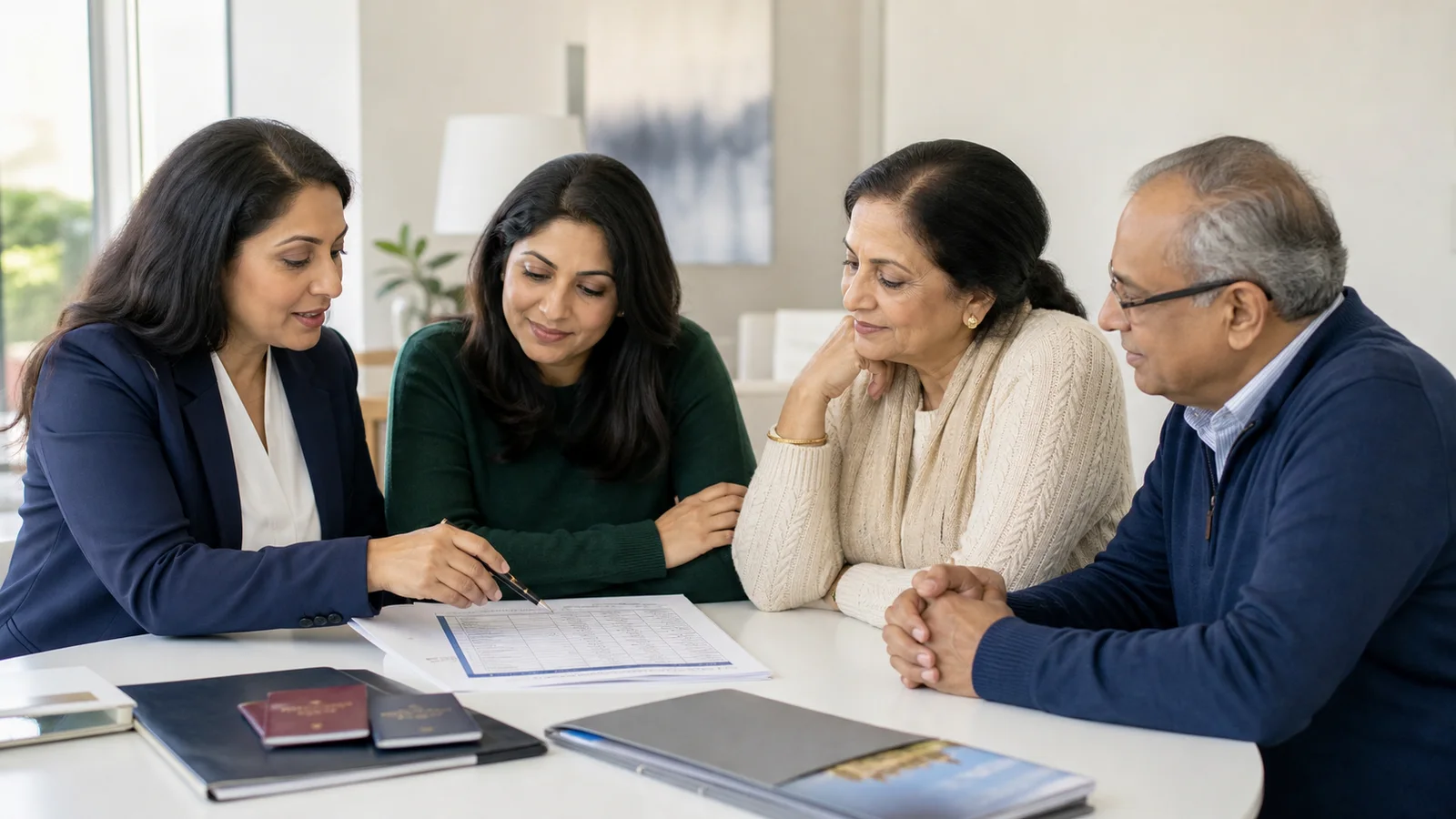An insurance advisor reviewing provider options and policy details with a South Asian family